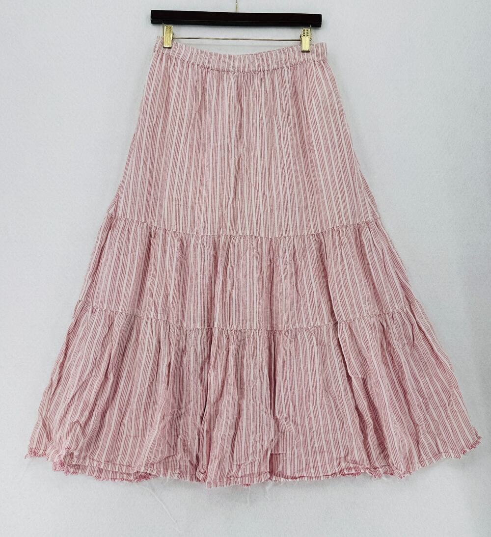 Faherty Pink Striped Woven Linen Blend Coastal Poplin Tiered Maxi Skirt Sz M